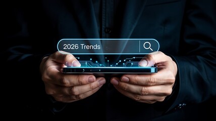 Hands holding a smartphone displaying a futuristic glowing search bar with digital data and glowing light effects on a dark background