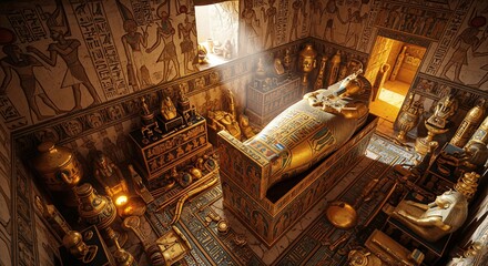 Captivating golden egyptian tomb interior featuring sarcophagus artifacts and ancient hieroglyphs in a sunlight lit chamber