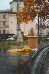 Paper coffee cup on a stone bench with yellow autumn leaves in the city park. Blurred urban...