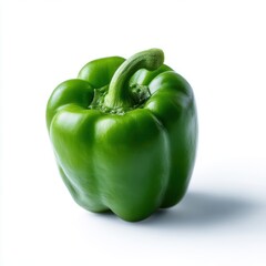A single, vibrant green bell pepper, isolated on a pure white background. Fresh produce, healthy.
