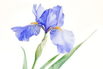 Elegant Watercolor Painting of a Single Blue Iris Flower