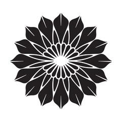 A minimalist black and white illustration of a lotus flower in a symmetrical design. 