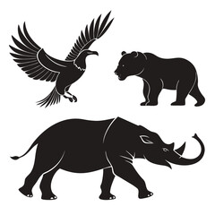 Obraz premium Black silhouettes of eagle bear and rhino vector