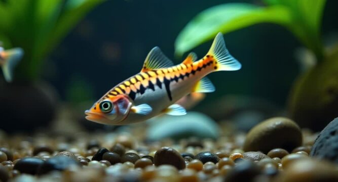 Beautiful 4K HD underwater footage of Zebra Danio swimming rapidly in freshwater tank, perfect for immersive aquatic wildlife and aquarium education.

