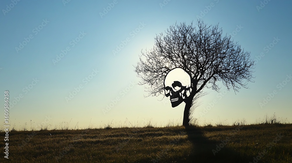Poster silhouette of a tree with a skull shape against a bright sky at dusk in a field setting