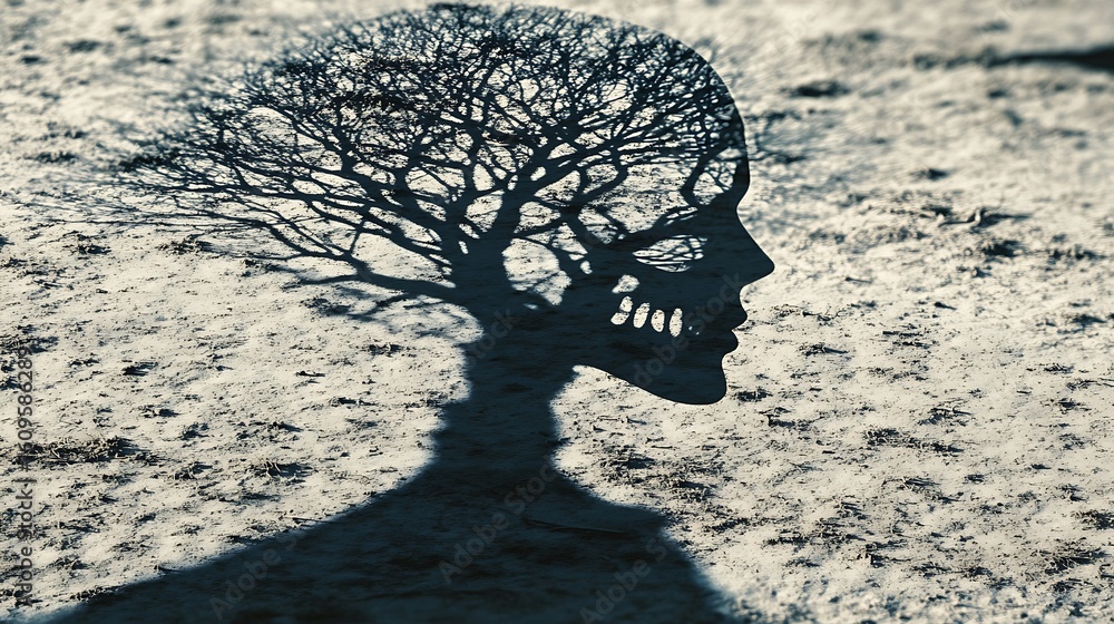 Poster silhouette of a human head filled with tree branches casting a shadow on textured ground surface