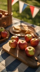 Fresh apples arranged on a wooden board for a summer picnic in the garden