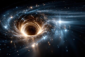 Visual representation of a black hole with swirling galaxies and bright stars in space