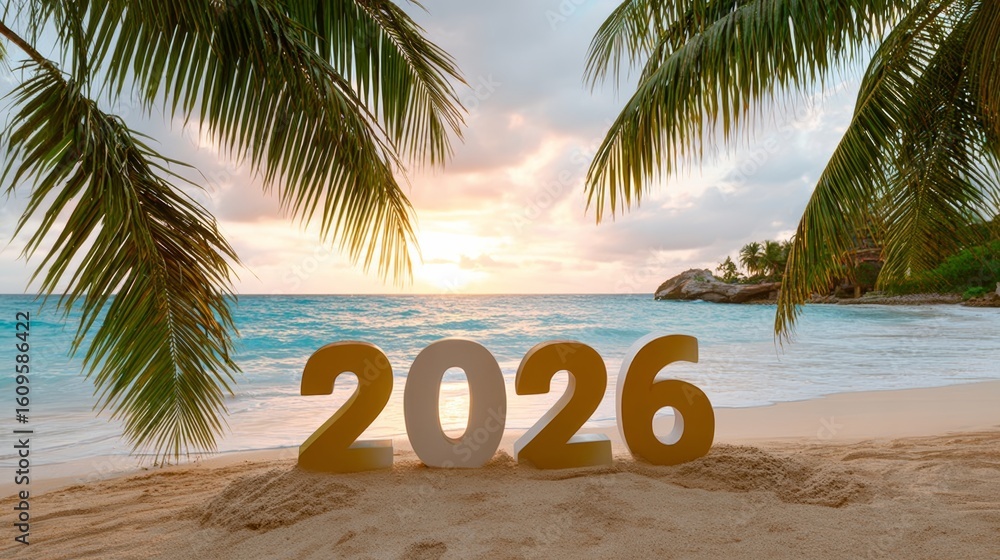 Poster beach scene with palm trees and a sunset in the background. the year 2016 is written in the sand in 