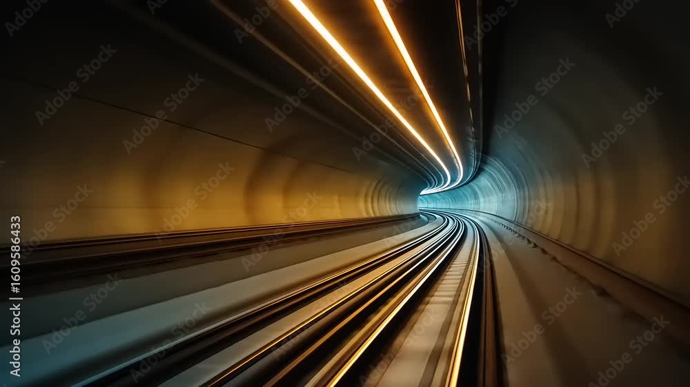 Aufkleber dynamic view of a train tunnel with illuminated tracks, showcasing speed and motion in a modern urba