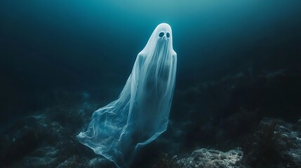A ghostly figure draped in white sheet floating underwater with dark blue background and rocky seabed