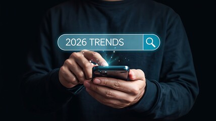 Person using smartphone to search for future 2026 trends and emerging technologies on a digital interface with a magnifying glass icon
