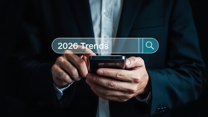 Businessman using smartphone to research future 2026 travel trends and search for upcoming vacation destinations online