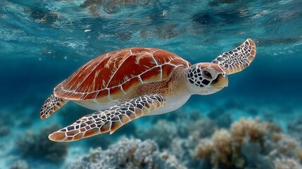 Fototapeta premium Turtle swimming in the ocean. The turtle is brown and black. The water is blue