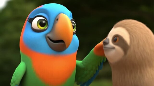 Animated parrot cartoon and sloth characters interacting in a friendly manner.