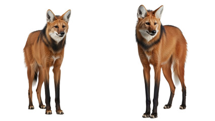 A full body shot of a maned wolf with long legs, reddish fur, and black mane, isolated on a white background.