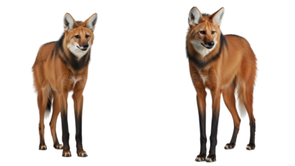 A full body shot of a maned wolf with long legs, reddish fur, and black mane, isolated on a white background.