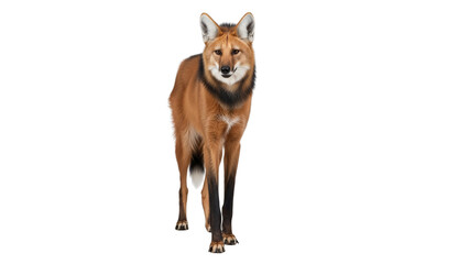 A full body shot of a maned wolf with long legs, reddish fur, and black mane, isolated on a white background.