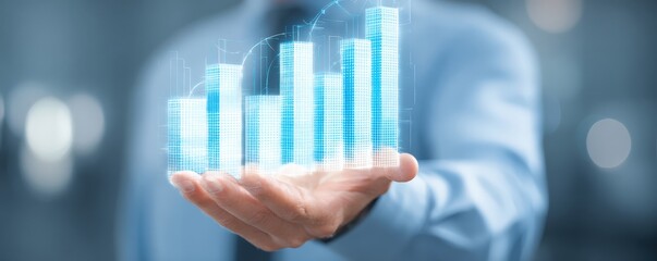 A person in a blue shirt holds a digital holographic bar graph representing data growth and analysis.