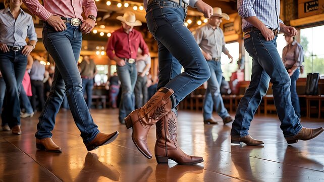 A group of people wearing cowboy boots and jeans line dancing in a rustic wooden hall with warm lighting