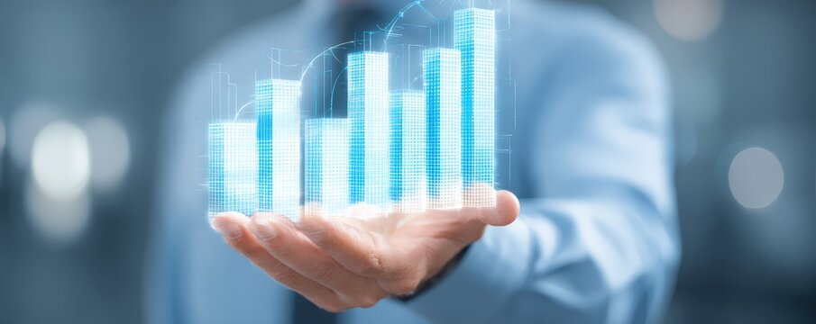 A person in a blue shirt holds a digital holographic bar graph representing data growth and analysis.
