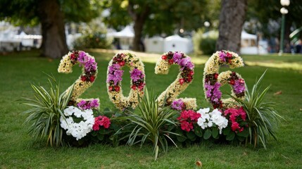 Flower arrangement with the numbers 2016 is displayed in a park. The arrangement is colorful and vibrant, with a mix of pink, white, and yellow flowers