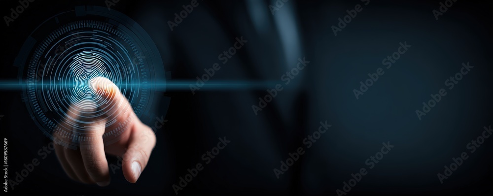 Poster a hand interacts with a futuristic digital fingerprint scanner, emphasizing biometric security and a