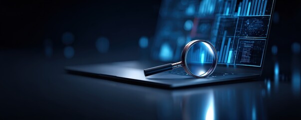 A magnifying glass hovers over a laptop displaying digital data and charts, symbolizing data analysis and cybersecurity in a modern tech setting.