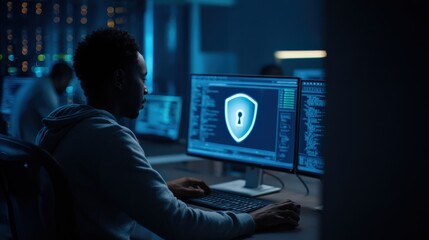 A person working late at night on a computer with cybersecurity software displayed on the screen, emphasizing data protection and online security.