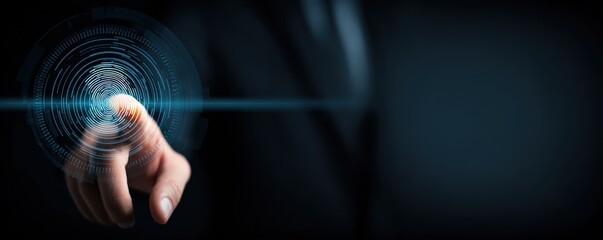 A hand interacts with a futuristic digital fingerprint scanner, emphasizing biometric security and advanced technology in a dark, high-tech environment.