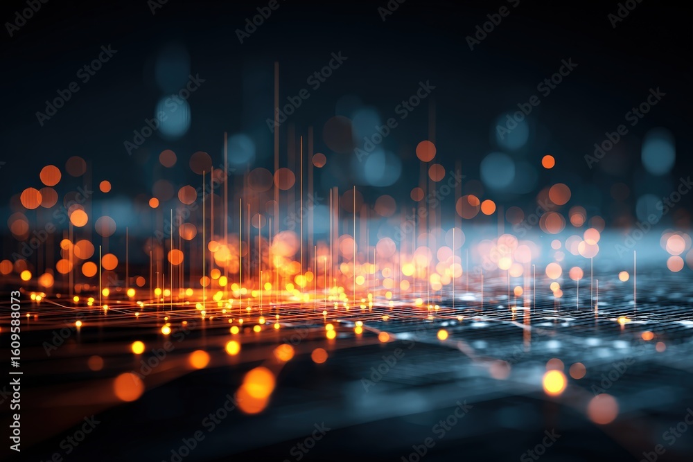 Aufkleber abstract digital cityscape with glowing orange and blue light points and vertical lines representing