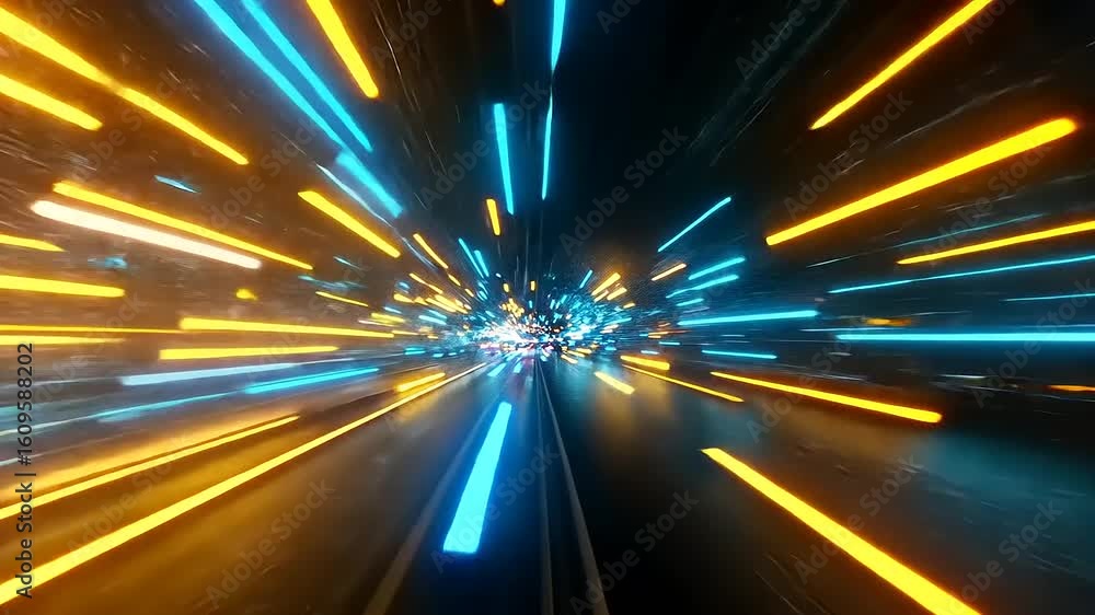 Poster vivid light trails racing through a dark tunnel, creating a sense of speed and motion