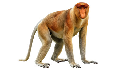A full body shot of a proboscis monkey with a large nose and reddish-brown fur, isolated on a white background.
