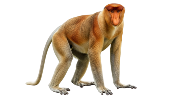 A full body shot of a proboscis monkey with a large nose and reddish-brown fur, isolated on a white background.