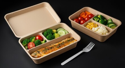 Healthy Meal Prepped Lunch Boxes Displaying Fresh Vegetables and Fish