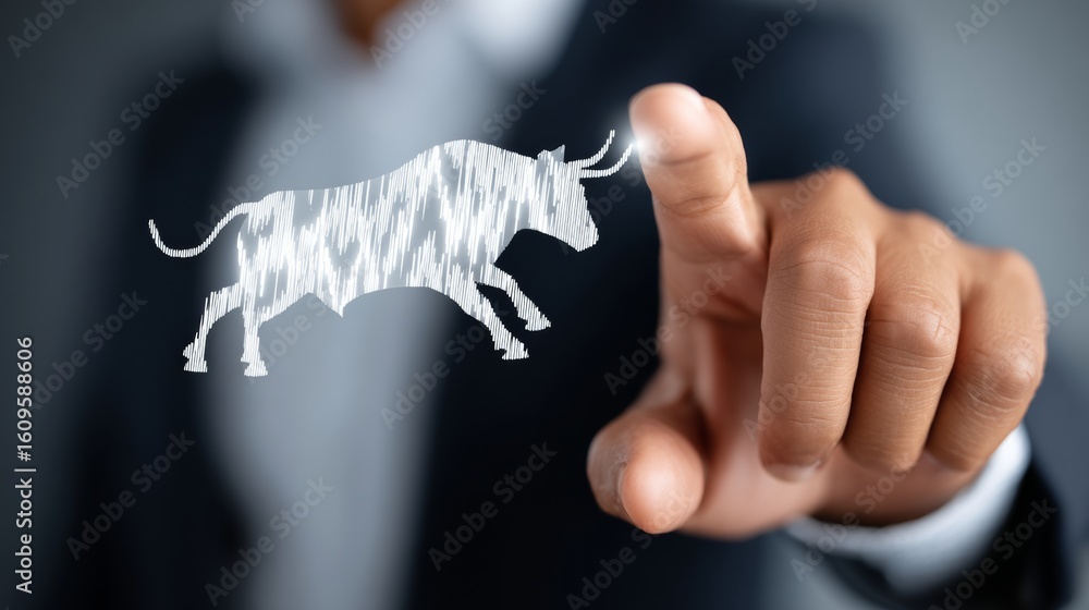 Poster man is pointing at a bull image on a screen. the bull is depicted as a white, fuzzy, and blurry figu