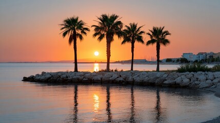 Obraz premium Beautiful sunset over the ocean with palm trees in the background. The water is calm and the sky is a mix of orange and pink hues