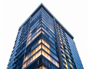 modern high rise residential building with illuminated windows at dusk on white background