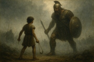Fototapeta premium David Goliath Biblical Battle Faith Victory Courage Giant Warrior Slingshot