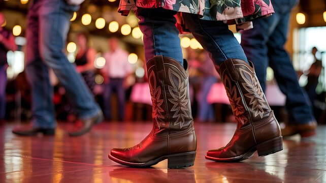 Close up of people wearing cowboy boots and jeans dancing at a lively country music event with warm bokeh lights