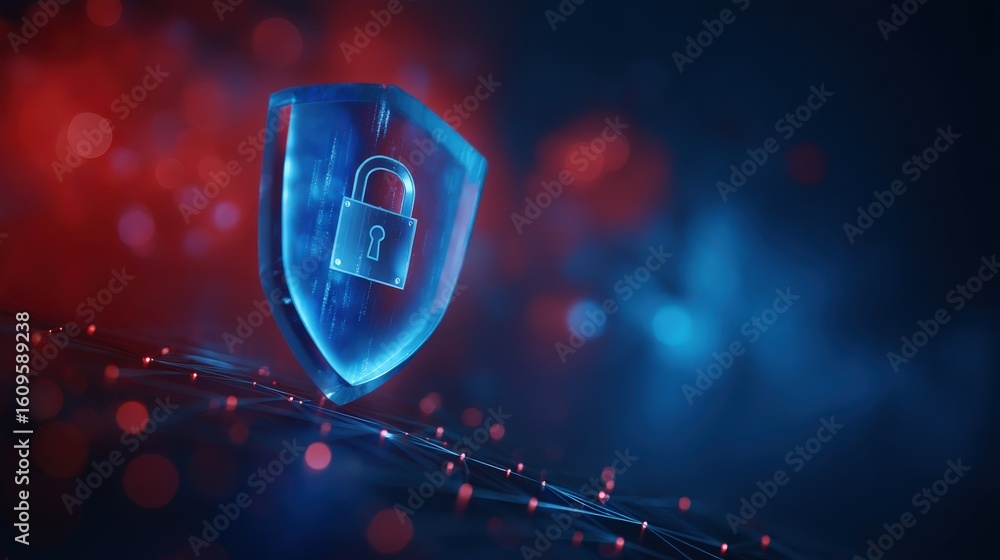 Poster a glowing digital shield with a padlock icon symbolizes cybersecurity protection in a futuristic, da