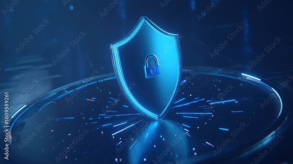 Poster a glowing blue shield with a lock icon stands on a digital platform, symbolizing cybersecurity and d