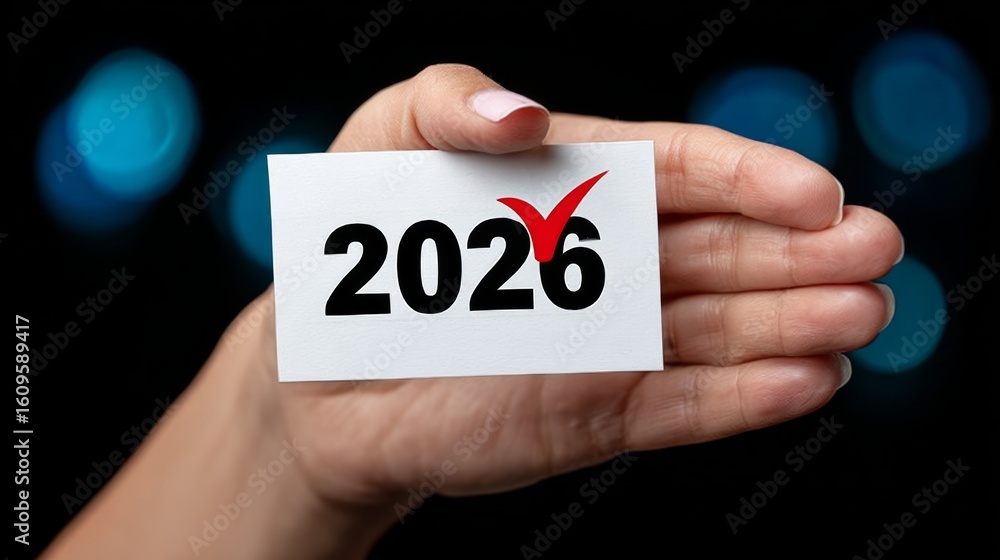 Poster hand holding a card with the number 2016 on it. the card is red and black. the hand is holding the c