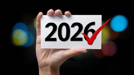Hand holding a white sign with the number 2016 and a red check mark. Concept of accomplishment and success, as the year 2016 is being marked with a check
