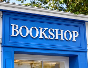 Blue storefront sign with the word BOOKSHOP