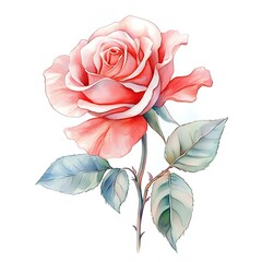 Elegant Watercolor Pink Rose Blossom, Delicate Leaves, Romantic Mood
