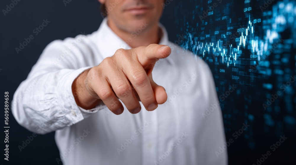Aufkleber man pointing at a screen with blue and white numbers. concept of focus and determination as the man 