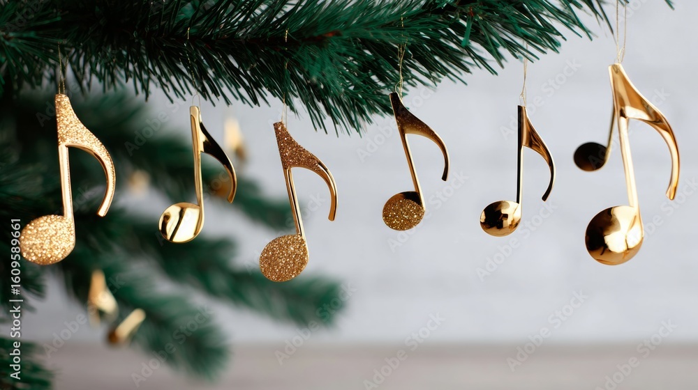 Poster tree with many gold colored musical notes hanging from it. the notes are arranged in a row and are o