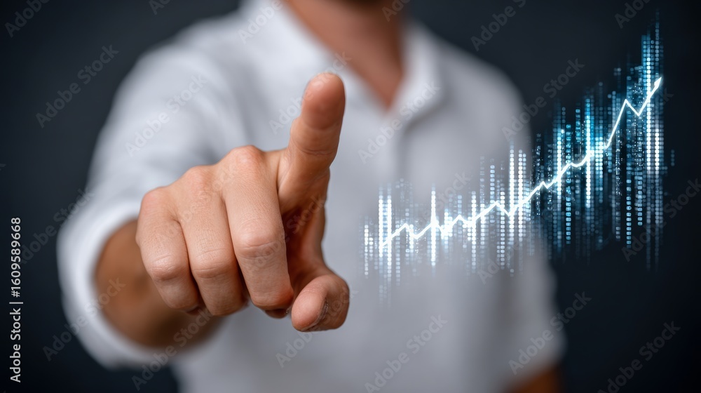 Poster man is pointing at a graph with a blue line. the graph shows a rising trend. the man is wearing a wh