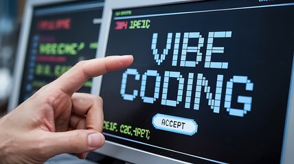 Close up of a person s finger pointing at a computer screen displaying the words vibe coding in large pixelated letters